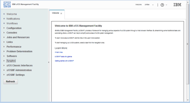This image capture shows the z/OSMF Welcome page as it appears before the user logs in.