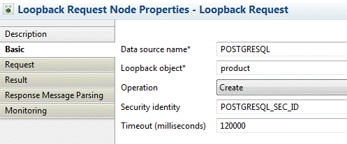 This diagram shows the LoopBack object property in the Basic tab of the LoopBackRequest node.