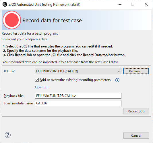 Record data for the test case window