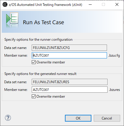 Settings for the Run As Test Case dialog