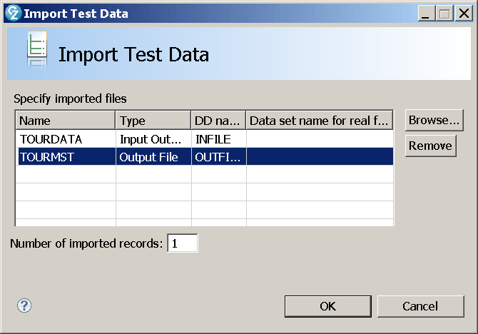 Import Test Data window