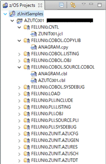 z/OS Projects view showing allocated data sets with sample files copied into them.