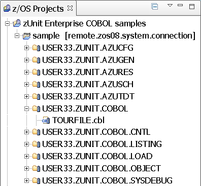 z/OS Projects view with Enterprise COBOL ZUnit test data sample data sets loaded.
