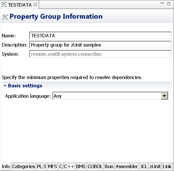 Property group editor with a property group created for the Enterprise PL/I ZUnit test data samples.