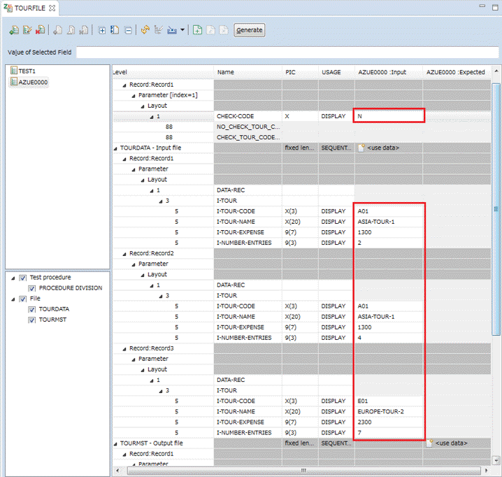 Test Case Editor with parameter values for AZUE0000 test entry