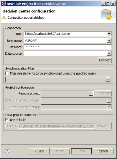 Image shows the connection parameters in the New Rule Project from Decision Center wizard.