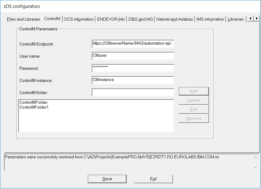 This image shows the "ControlM" pane in the "zOS configuration" window.