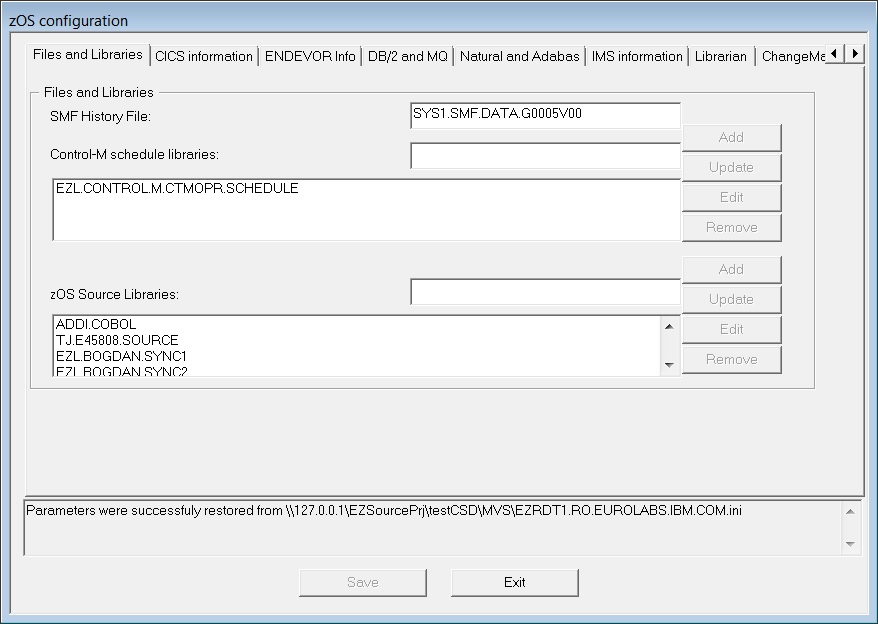 This image shows the Files and Libraries pane in the "zOS configuration" window.