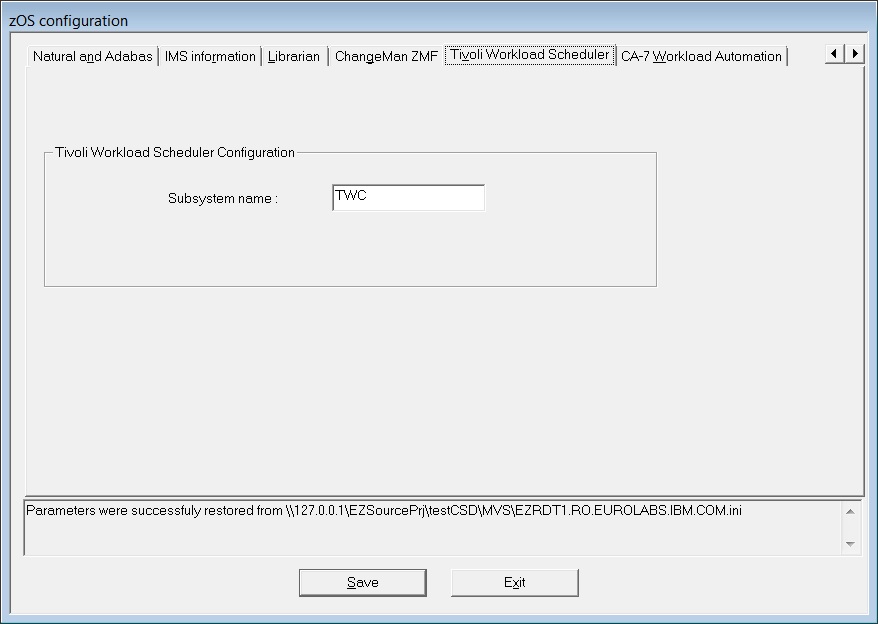 This image shows the Tivoli Workload Scheduler pane in the "zOS configuration" window.