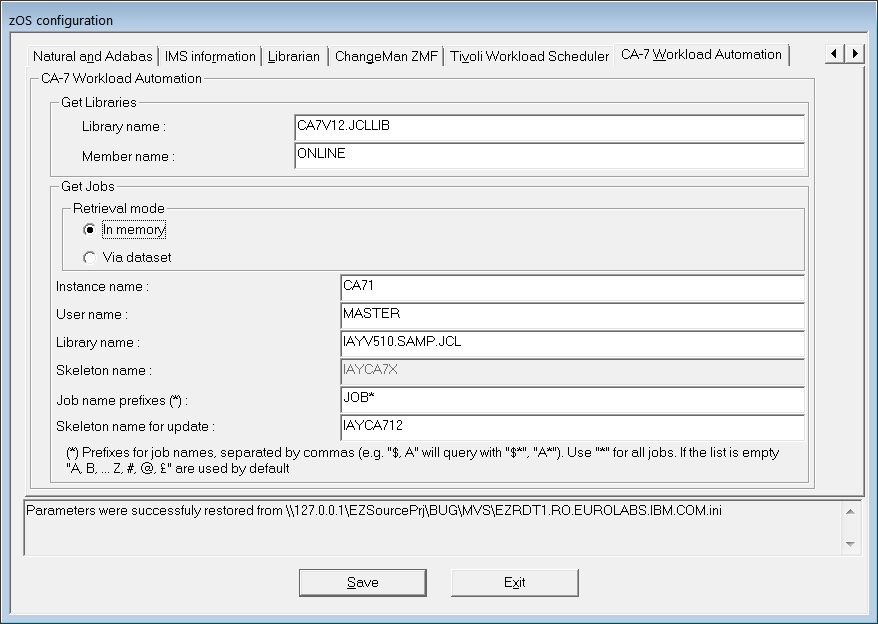 This image shows the CA-7 Workload Automation pane in the "zOS configuration" window.