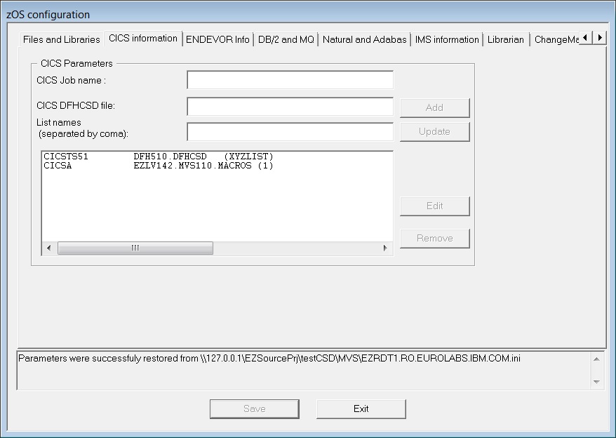 This image shows the "CICS information" pane in the "zOS configuration" window.
