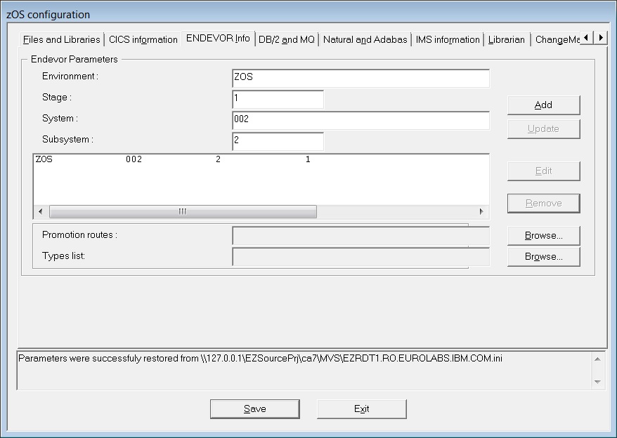 This image shows the ENDEVOR Info pane in the "zOS configuration" window.