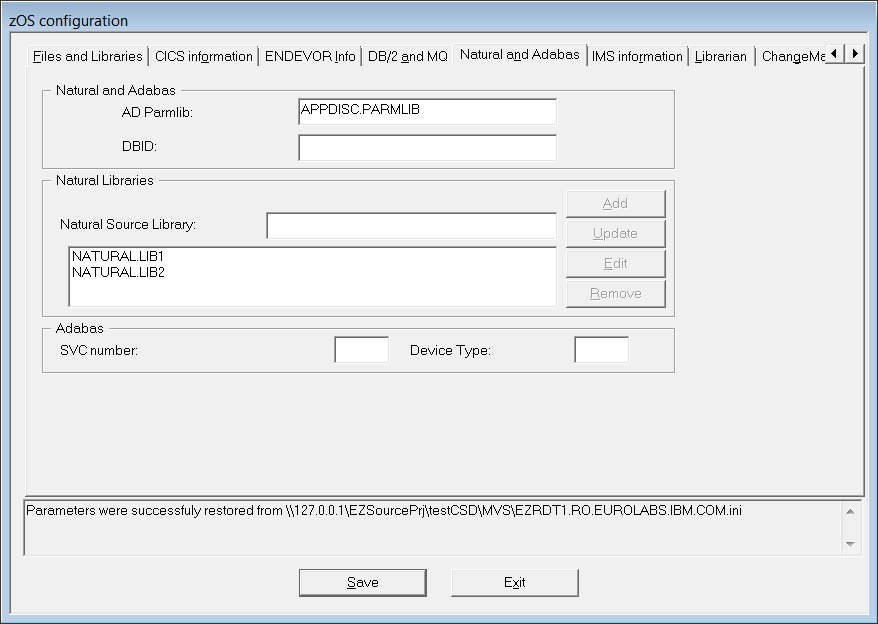 This image shows the Natural and Adabas pane in the "zOS configuration" window.