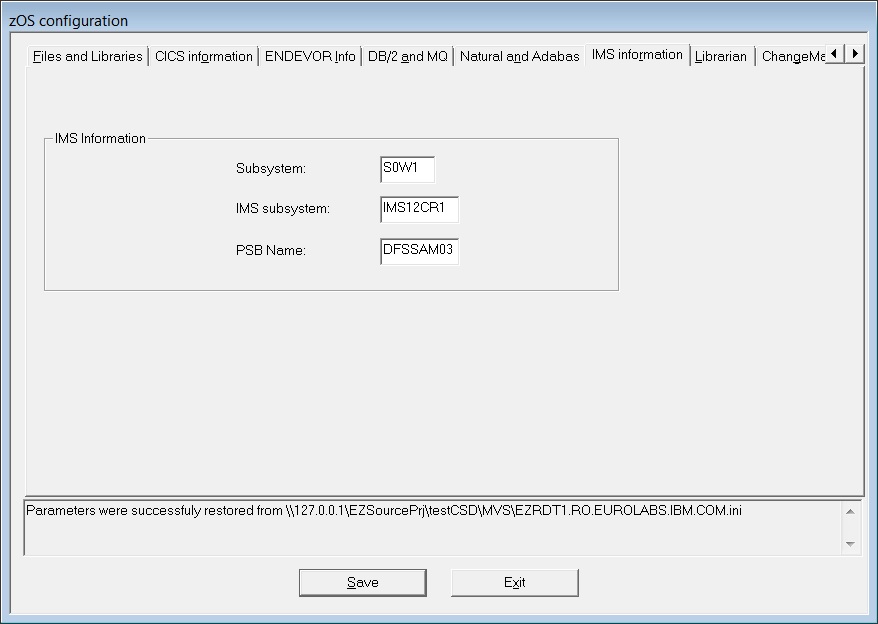 This image shows the "IMS information" pane in the "zOS configuration" window.
