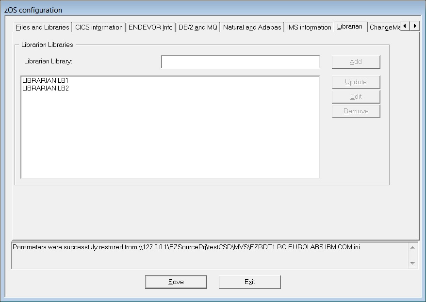 This image shows the Librarian pane in the "zOS configuration" window.