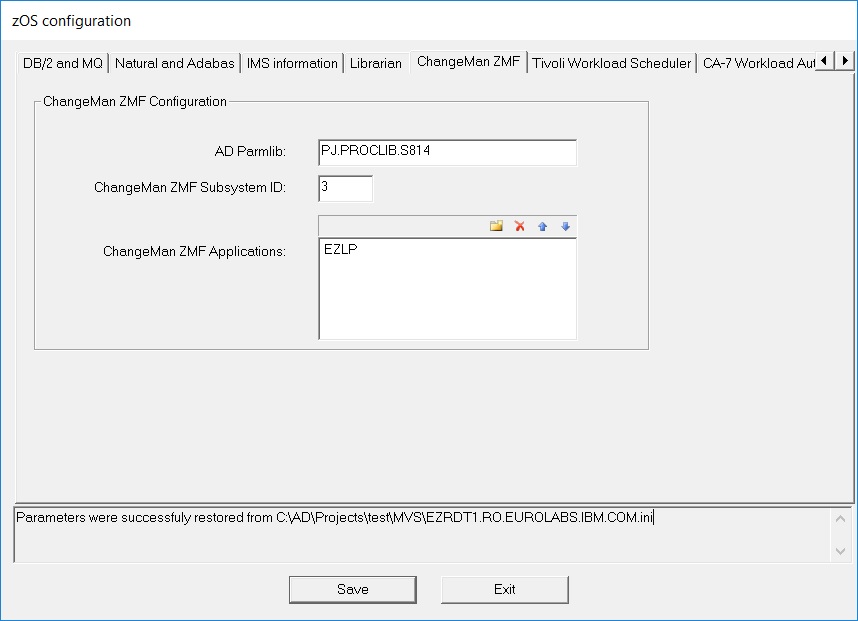This image shows the ChangeMan ZMF pane in the "zOS configuration" window.