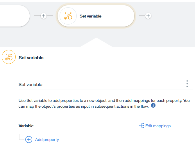 Set variable node inserted into a flow, showing buttons for Add property and Edit mappings Set variable node inserted into a flow, showing buttons for Add property and Edit mappings