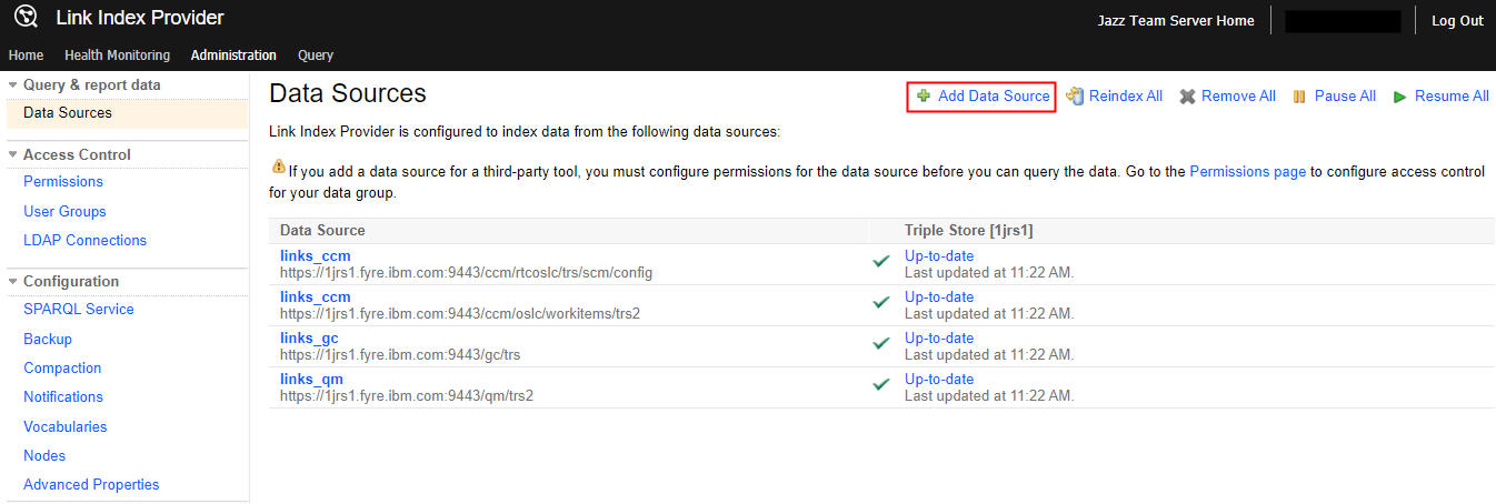 Screen capture of the data sources panel showing a data source being indexed.