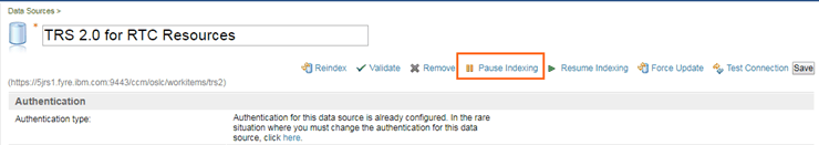 Screen capture of the Pause indexing button on the data source page.
