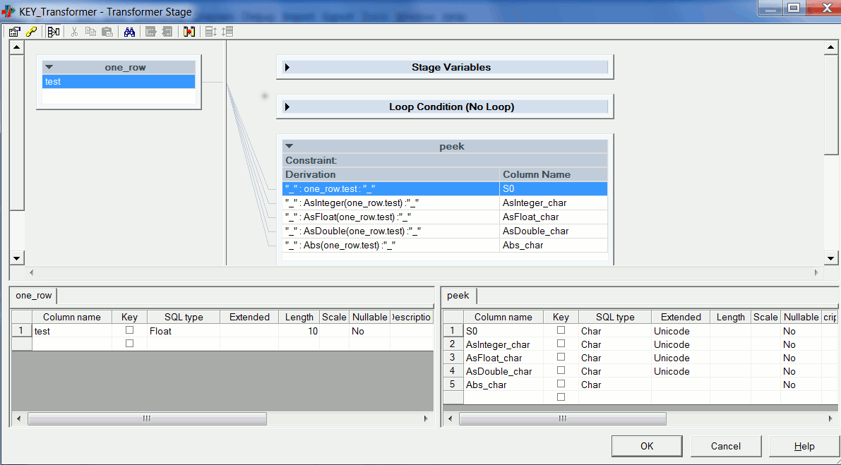 Screen shot of the transformer stage of InfoSphere DataStage demonstrating the derivation of transform functions that do not convert to a string.