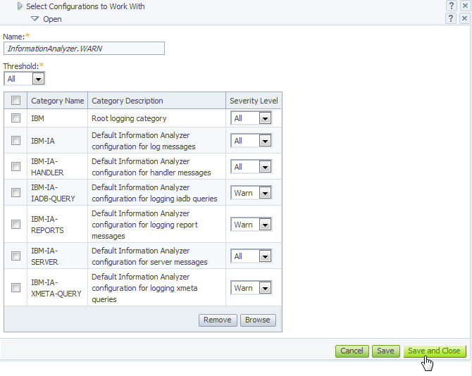A screen capture that shows the default configuration, InformationAnalyzer.WARN, in the open state. The Threshold field is set to All. The following categories are listed: IBM, IBM-IA, IBM-IA-HANDLER, IBM-IA-IADB-QUERY, IBM-IA-REPORTS, IBM-IA-SERVER, and IBM-IA-XMETA-QUERY. The severity level is set to All for the following categories: IBM, IBM-IA, IBM-IA-HANDLER, and IBM-IA-SERVER. The severity level is set to Warn for the following categories: IBM-IA-IADB-QUERY, IBM-IA-REPORTS, and IBM-IA-XMETA-QUERY. The cursor hovers over the Save and Close button.