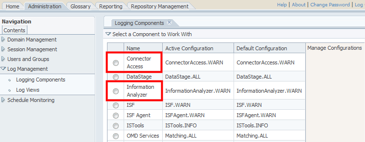 A screen capture of the Web console that shows the logging components that are useful to troubleshoot metadata import problems. In the AdministrationLog ManagementLogging Components tab, the following logging components are highlighted in the Select a Component to Work With panel: Connector Access and Information Analyzer