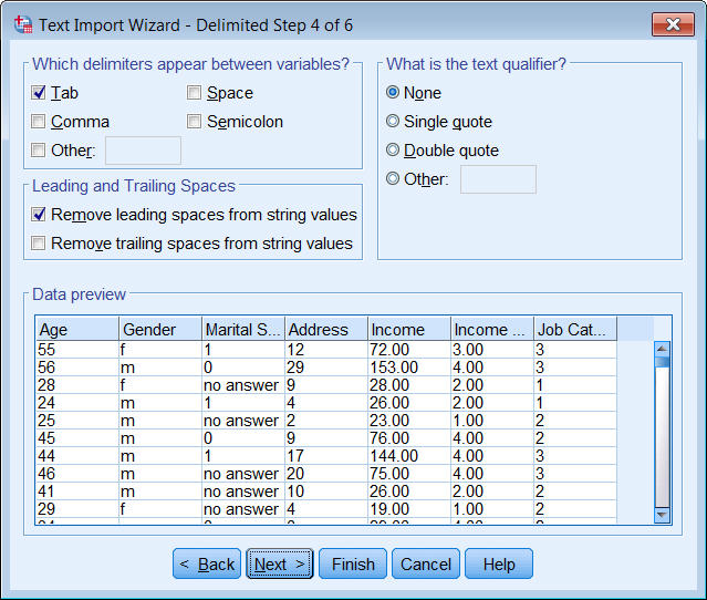 テキスト・インポート・ウィザード: ステップ 4/6、区切り文字を選択し、先行スペースを削除する