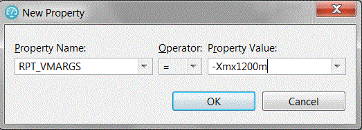 “新建属性”窗口，该窗口显示“属性名称”设置为 RPT_VMARGS，“运算符”设置为“等于”，“属性值”设置为 -Xmx1500m