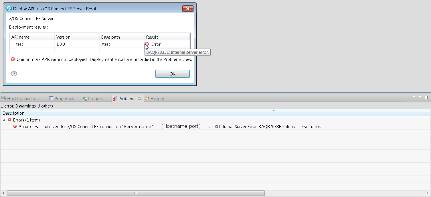 500 Internal Server Error as shown in the API deployment result dialog (top), and the Problems view (bottom).