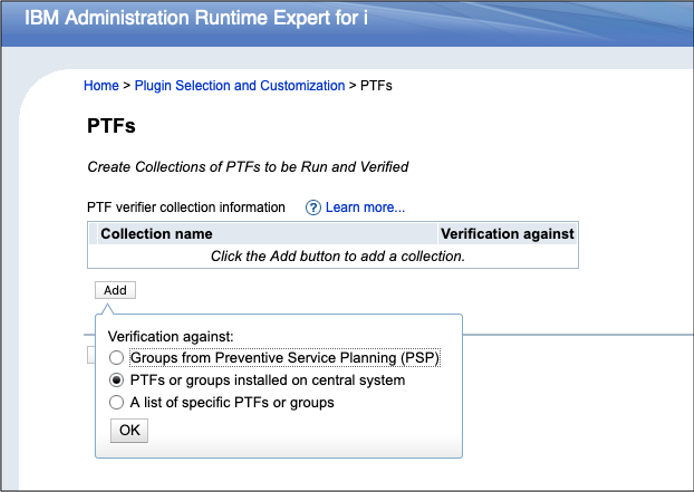 Add a Collection for PTFs Installed on a Central System