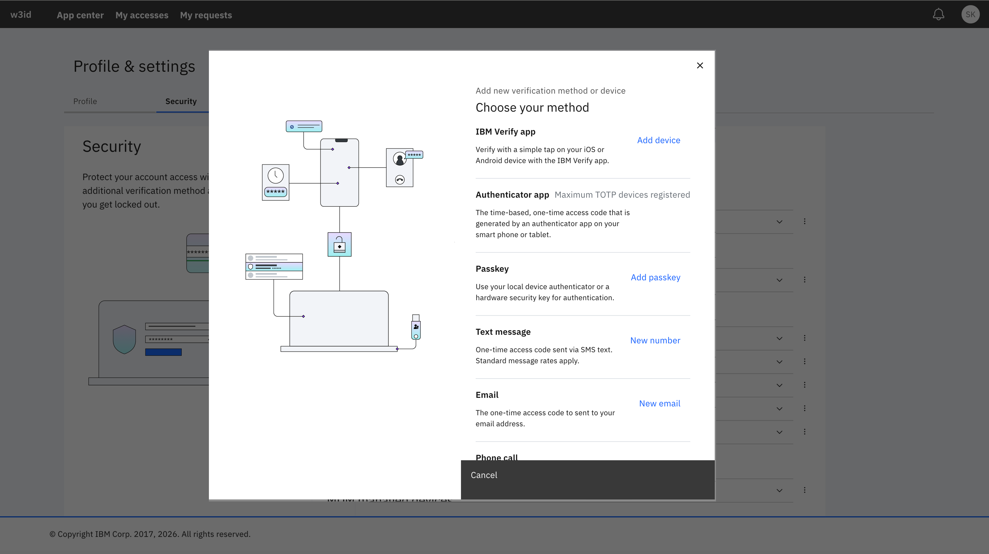 Add new method screen showing IBM Verify app and Authenticator app options