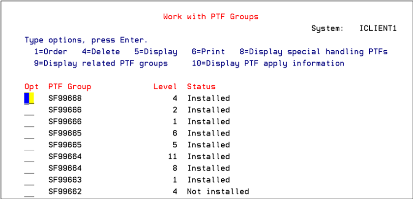 Green Screen from Endpoint System showing all the PTFs Applied