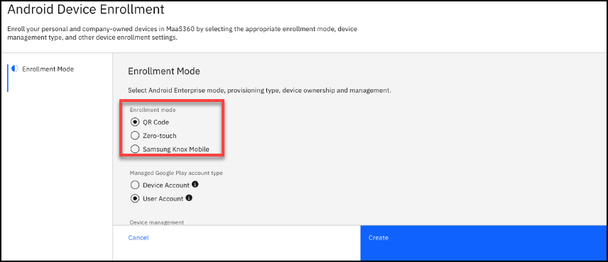 Select Enrollment mode in Android Device Enrollment screen