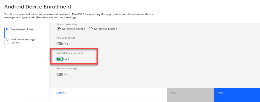 Enable Additional settings for Enrollment