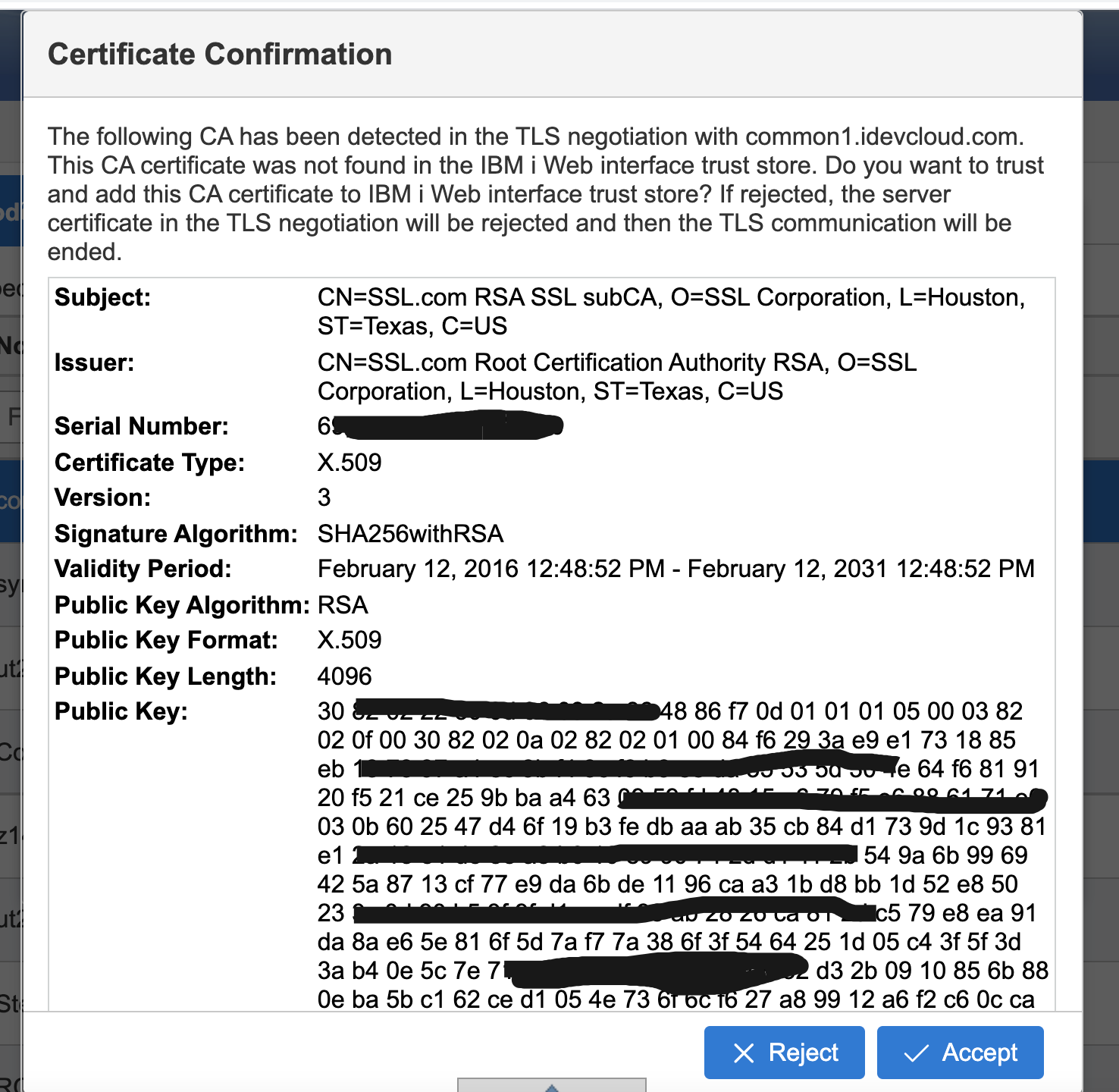 IBM Navigator for i Certificate Confirmation Page