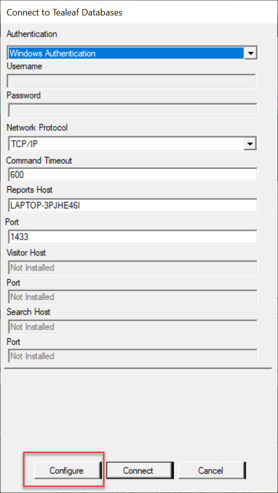 "Connect to Tealeaf Databases" dialog box