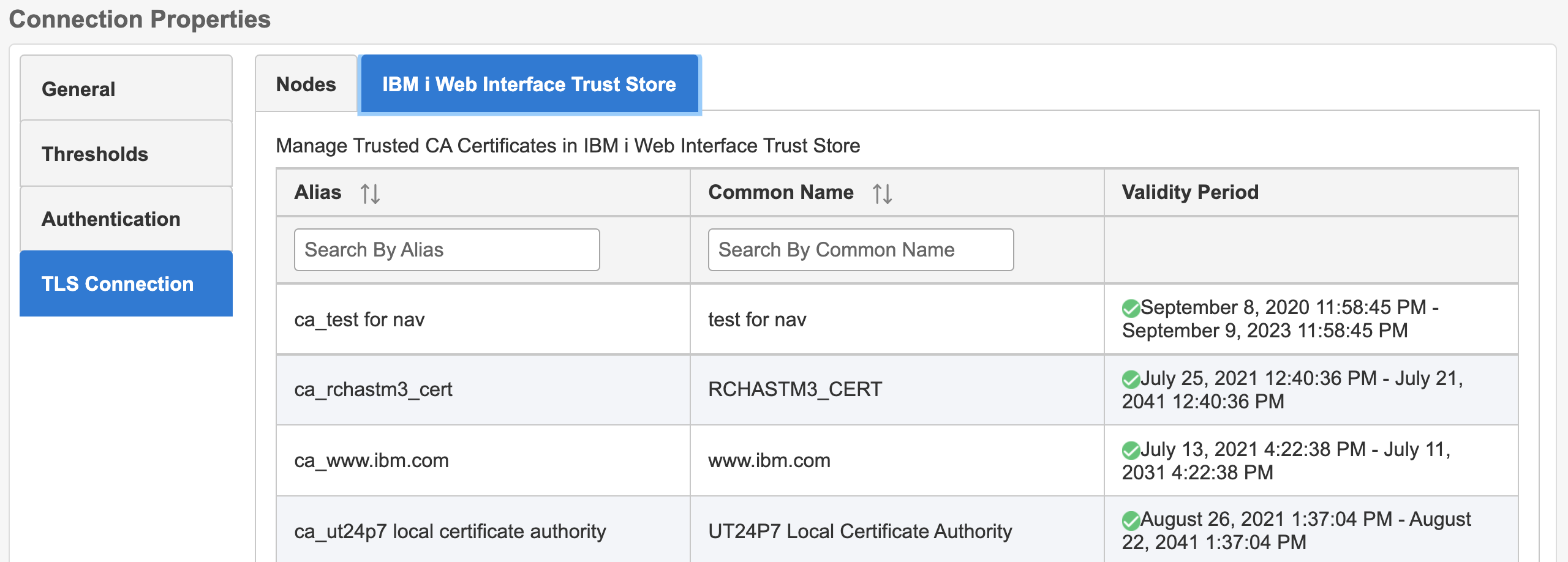 IBM Navigator for i Connection Properties Web Interface Trust Store