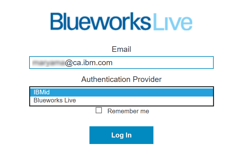 Blueworks Live login dropdown showing different authentication method options
