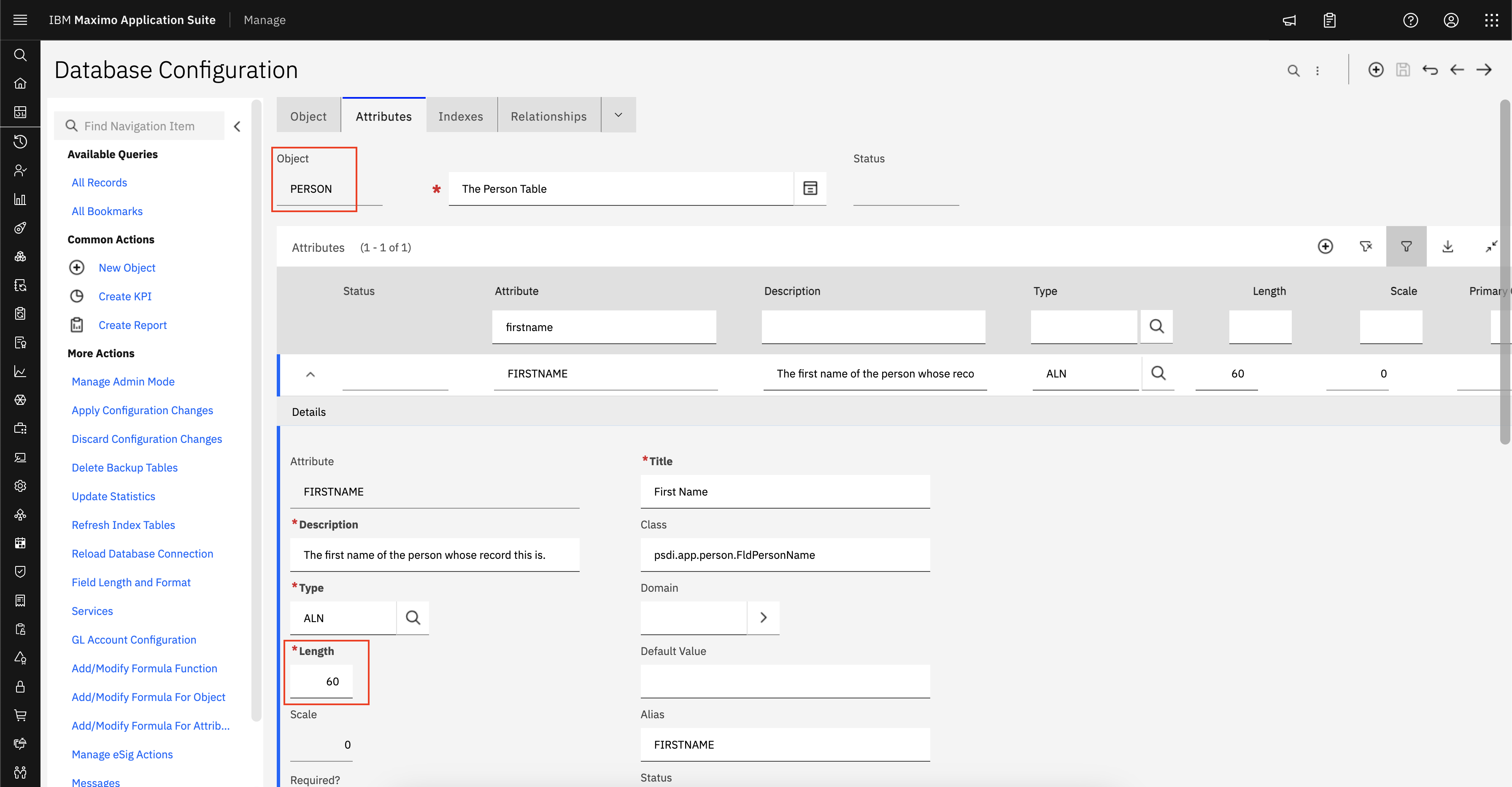 Image representing the database configuration page, inside the PERSON object, indicating that the FIRSTNAME field length was changed to 60.