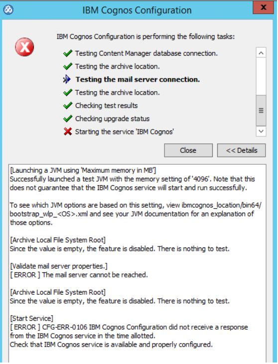 Cognos services failure screenshot