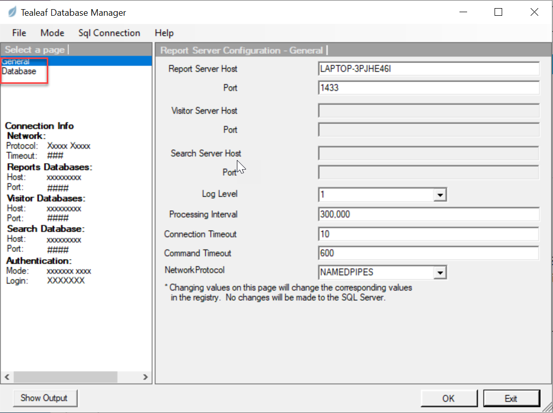 Selecting the Database pane
