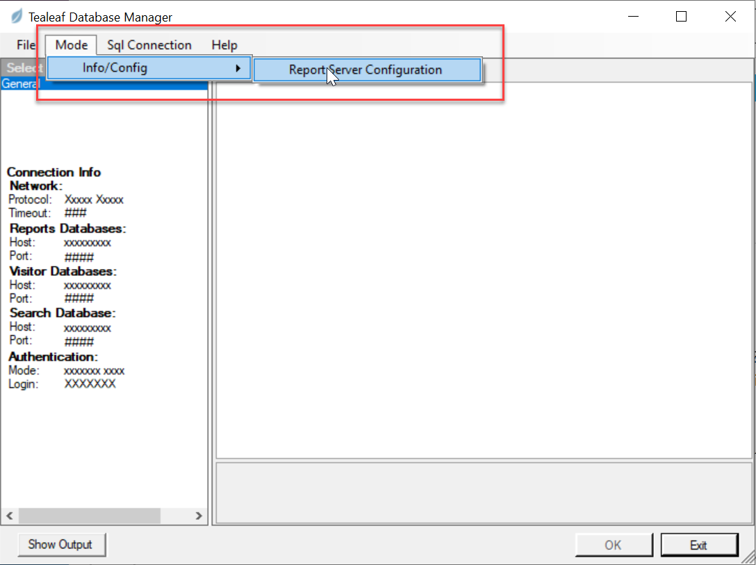 Tealeaf Database Manager configuration menu selection