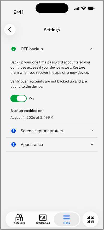 OTP backup setting on iOS