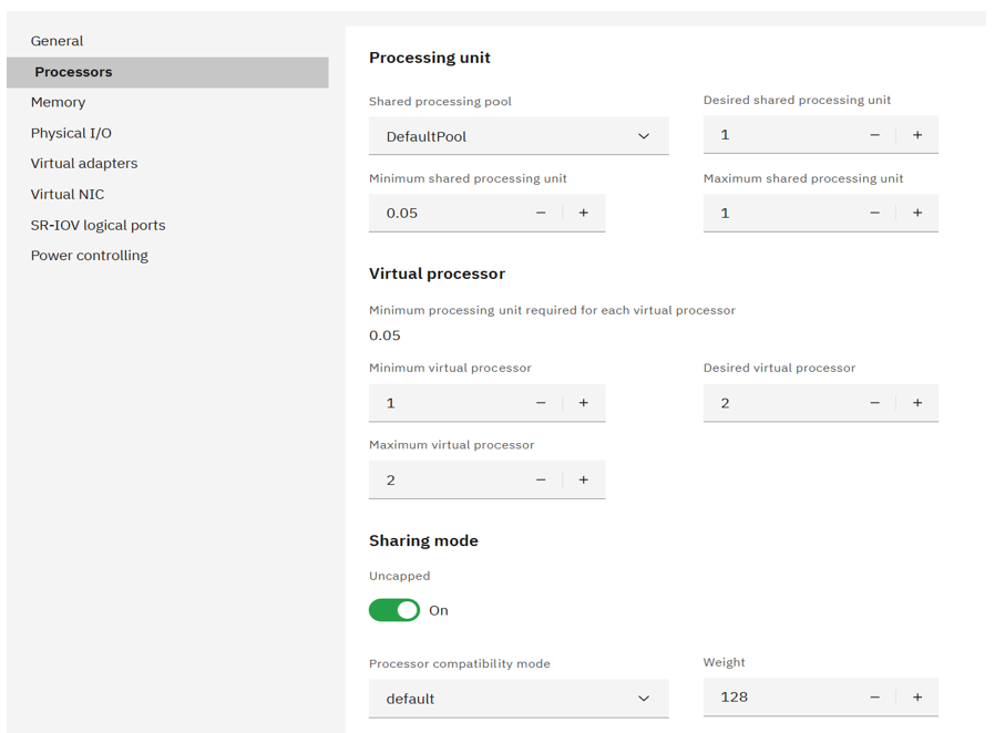 HMC processor configuration menu