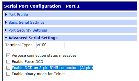 Serial Port Configuration for port 1