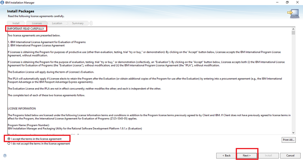 Screenshot 4: IBM Installation Manager license agreement