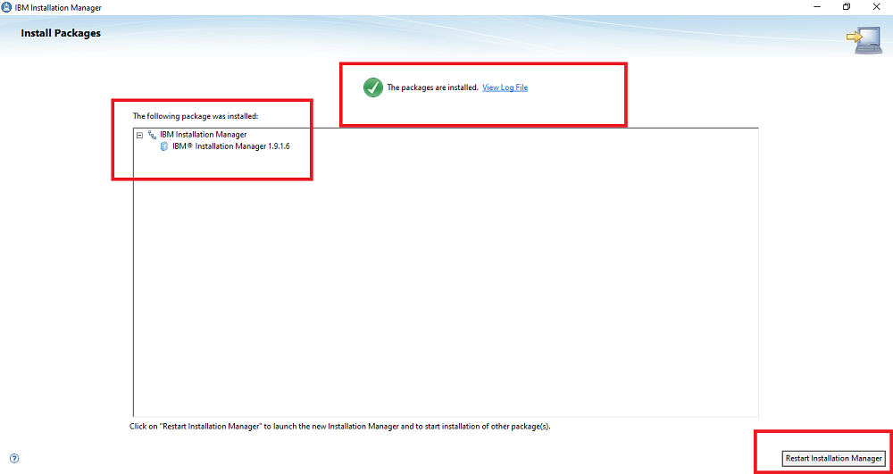 Screenshot 7: Restart Installation Manager after the package is installed