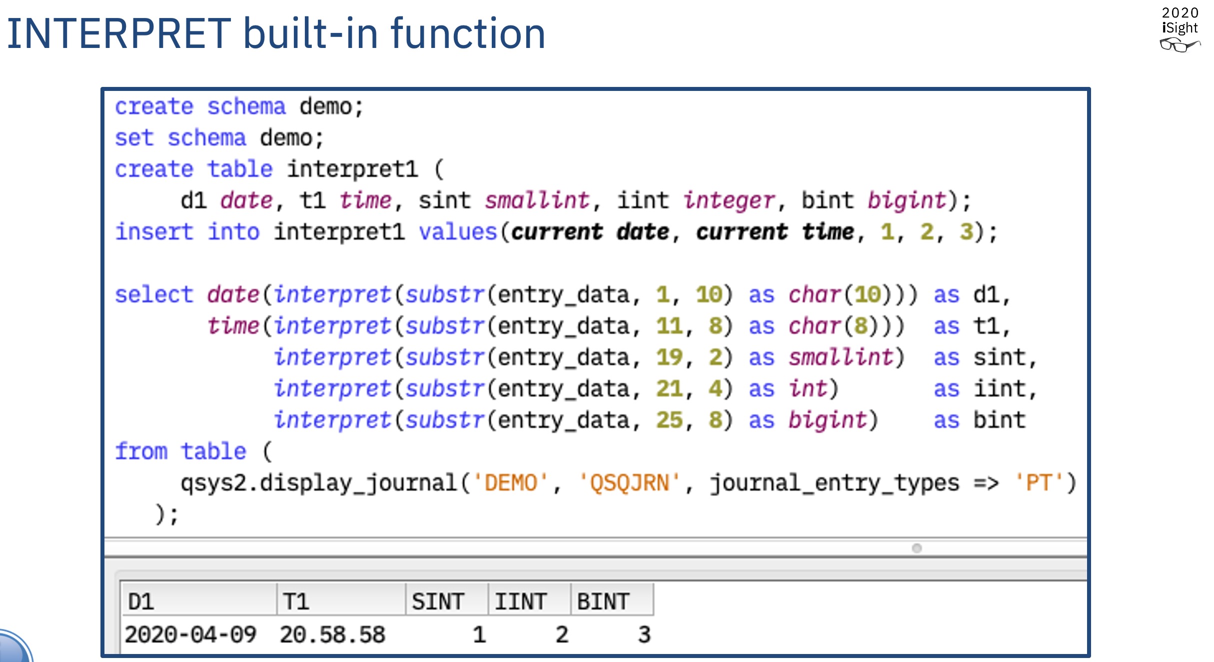 INTERPRET used to extract column values from a data journal entry