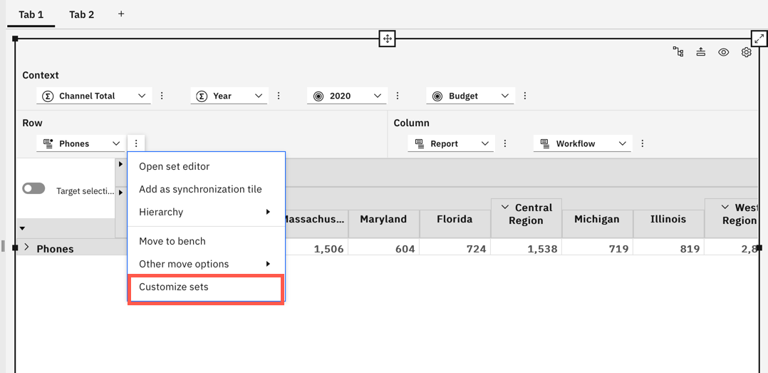 Customize sets option in the view context menu