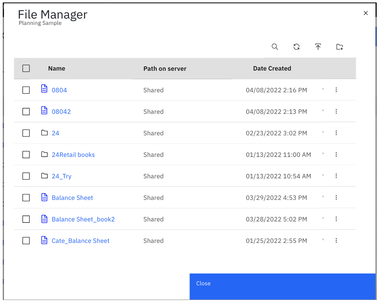 File manager showing files and options